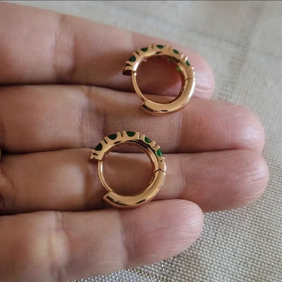 New 14K Gold Plated Emerald Huggie Hoop Earrings for Women - Picture 8 of 10